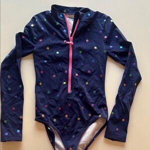 Girls Navy Polka Dot Long-Sleeve Rash Guard Swimsuit with Pink Zip